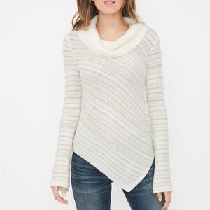NEW WHBM Metallic Stripe Ecru Asymmetric-Hem Striped Sweater | Size XS